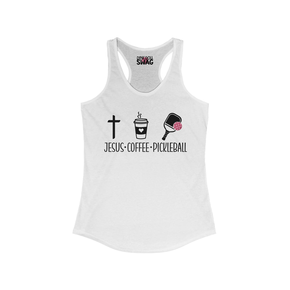 Women’s racerback pickleball tank with Jesus Coffee Pickleball design