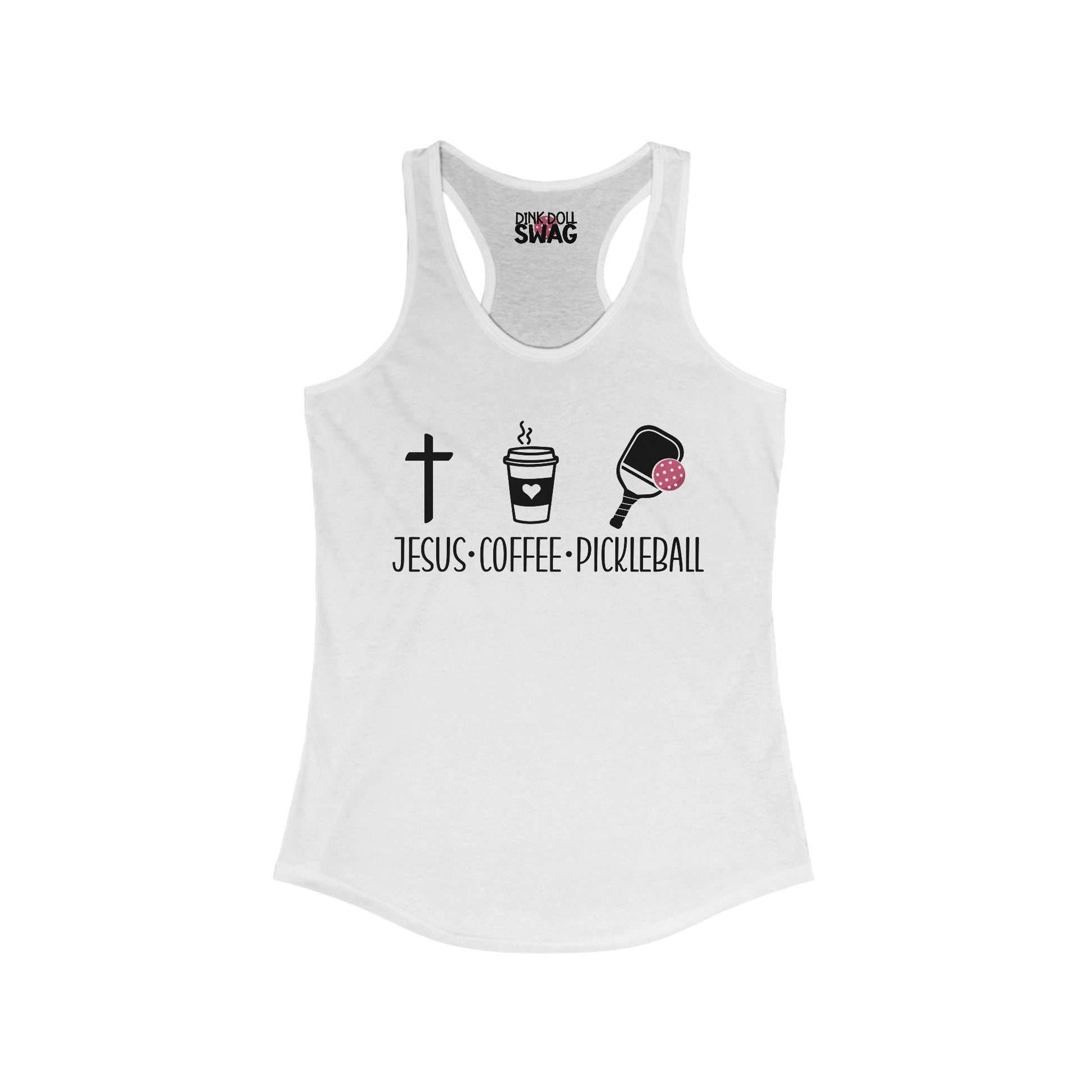 Women’s racerback pickleball tank with Jesus Coffee Pickleball design