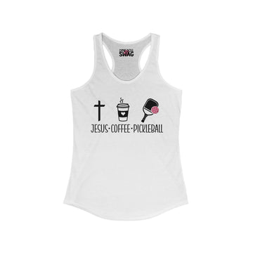 Women’s racerback pickleball tank with Jesus Coffee Pickleball design