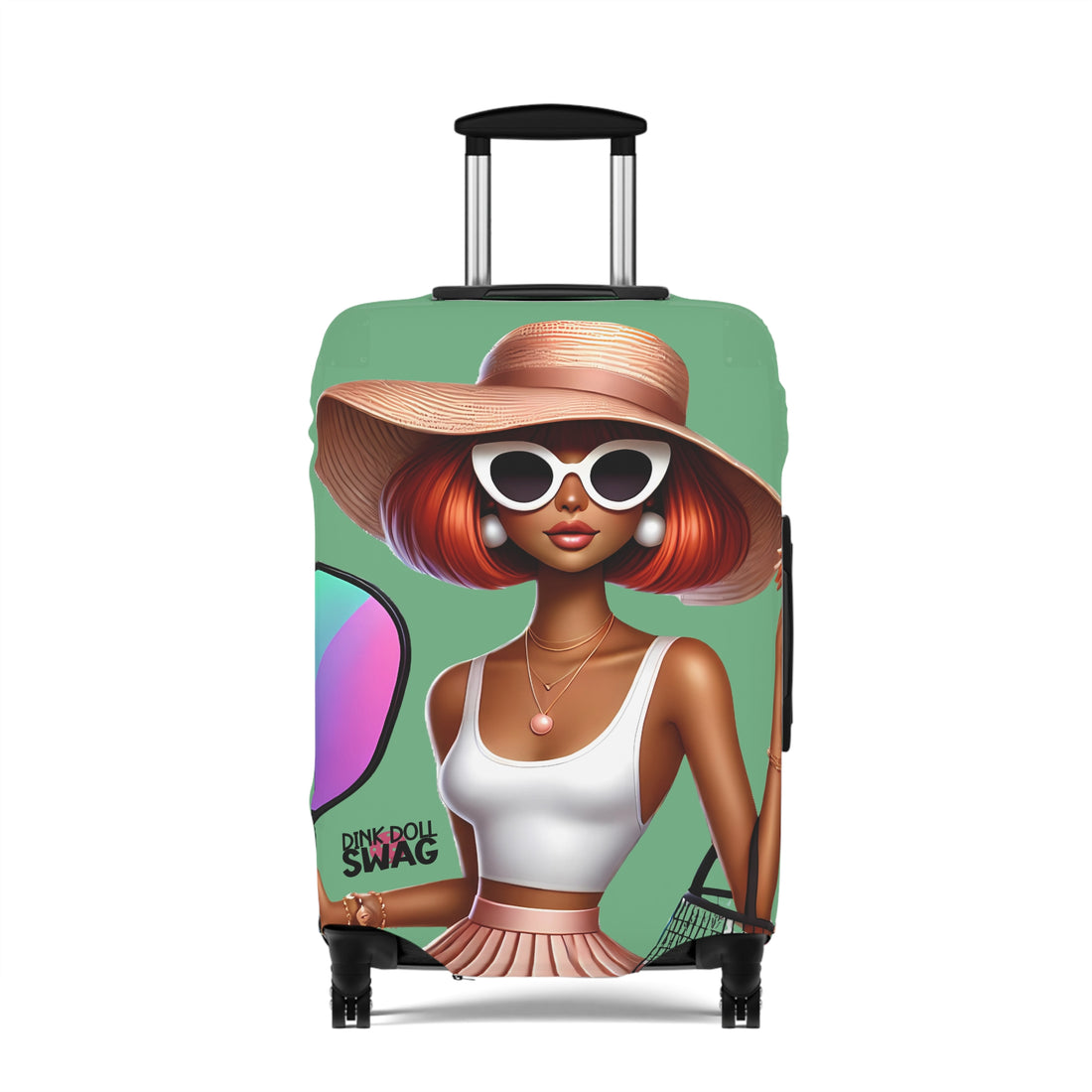 Red Head Diva pickleball luggage cover with bold colorful artwork