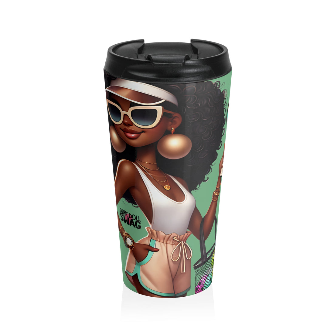 Afro Diva pickleball tumbler with glam sunglasses and hoops design