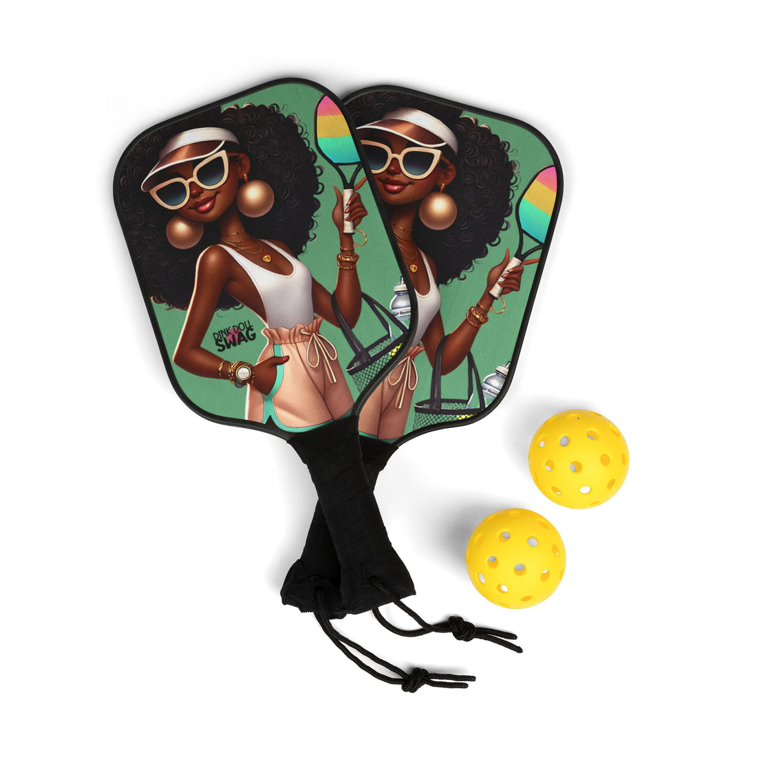 Afro Diva pickleball paddle kit with sunglasses artwork