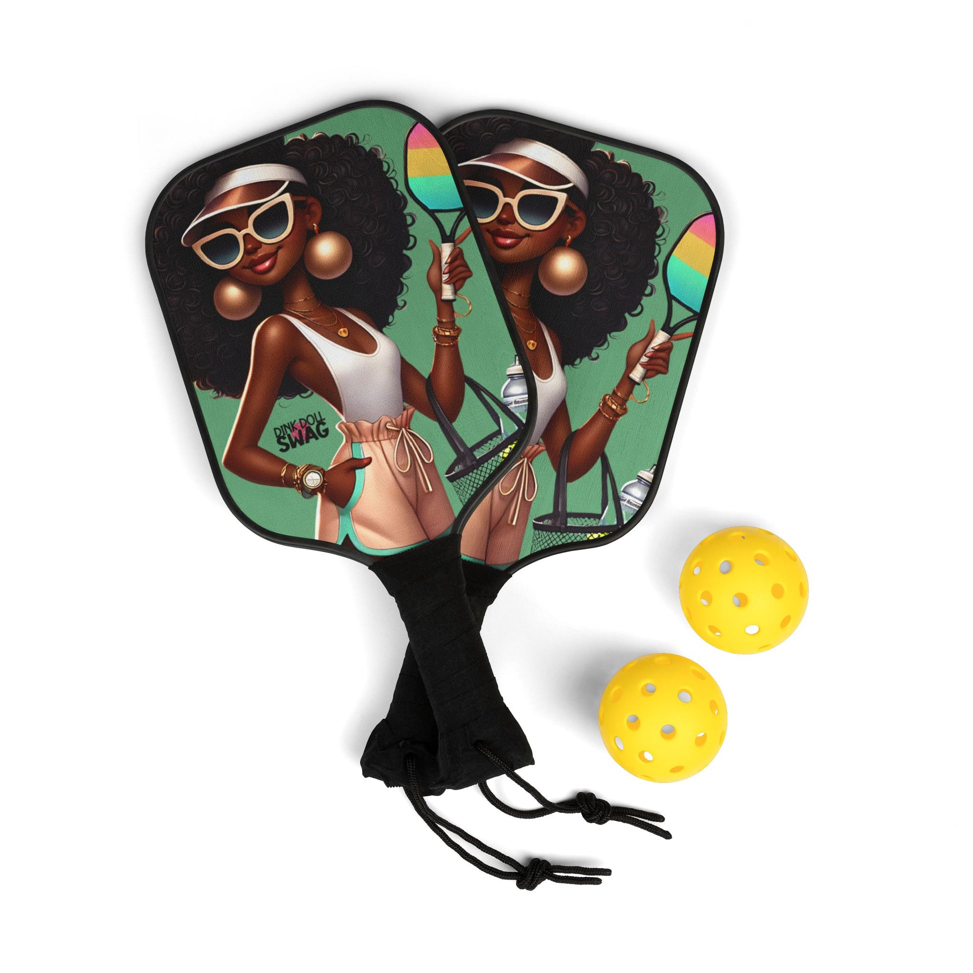 Afro Diva pickleball paddle kit with sunglasses artwork