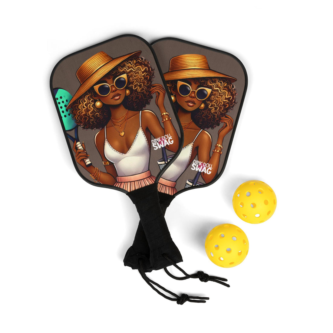 Mixed Race Diva pickleball paddle kit with sunglasses artwork