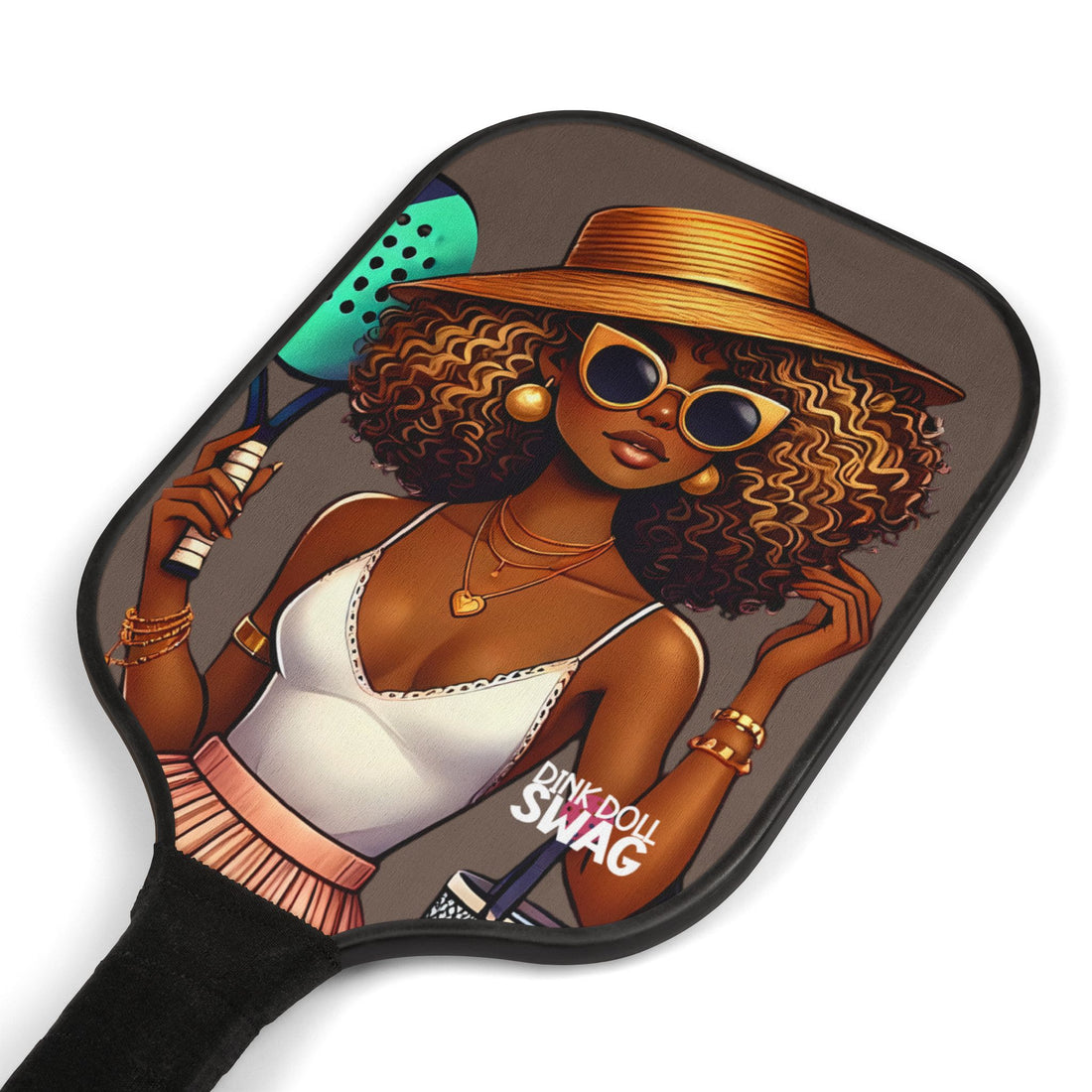 Mixed Race Diva pickleball paddle kit with sunglasses artwork